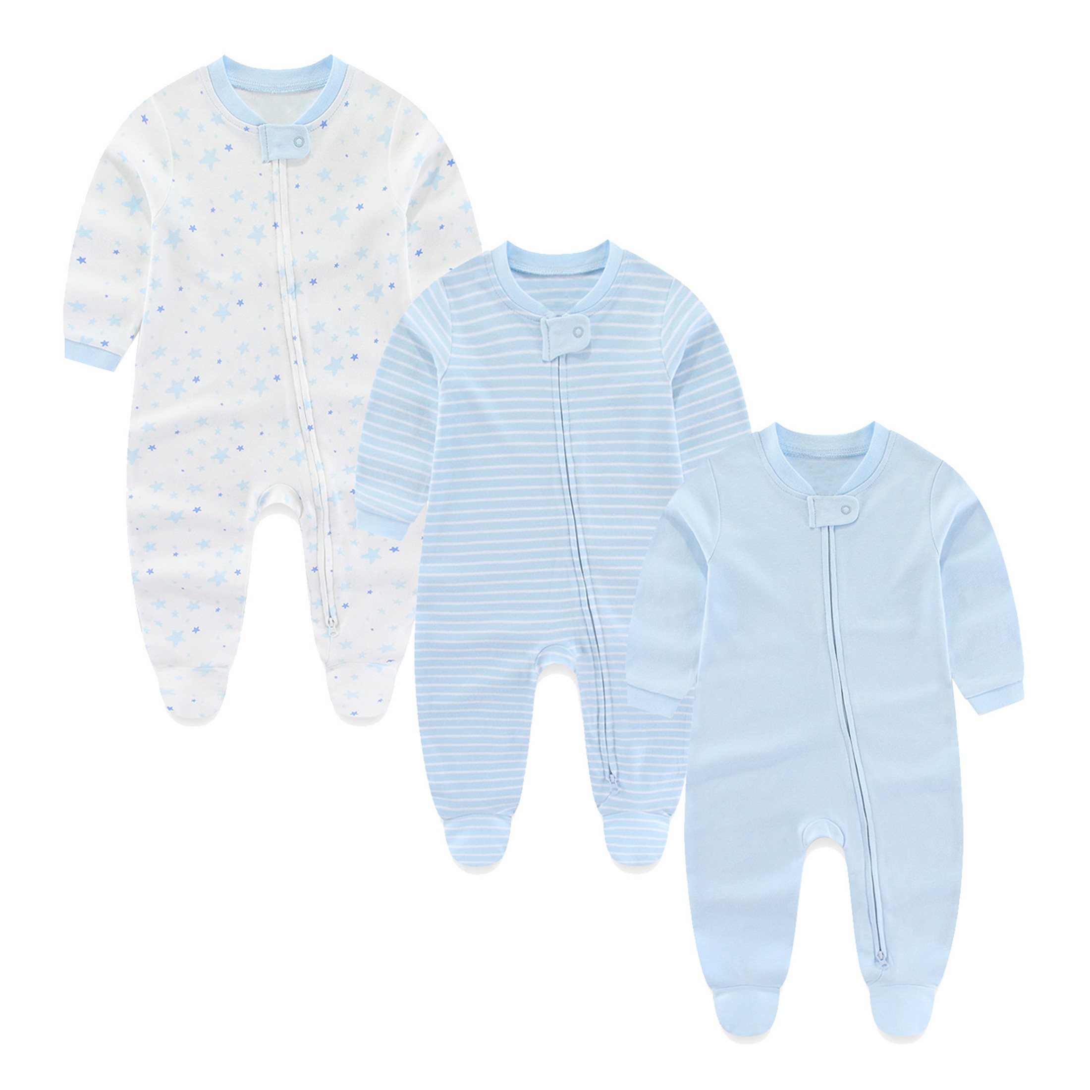 Newborn Soft Cotton Two-way Zipper Footed Pajamas, 3-Pack,Sizes 0-12 Months